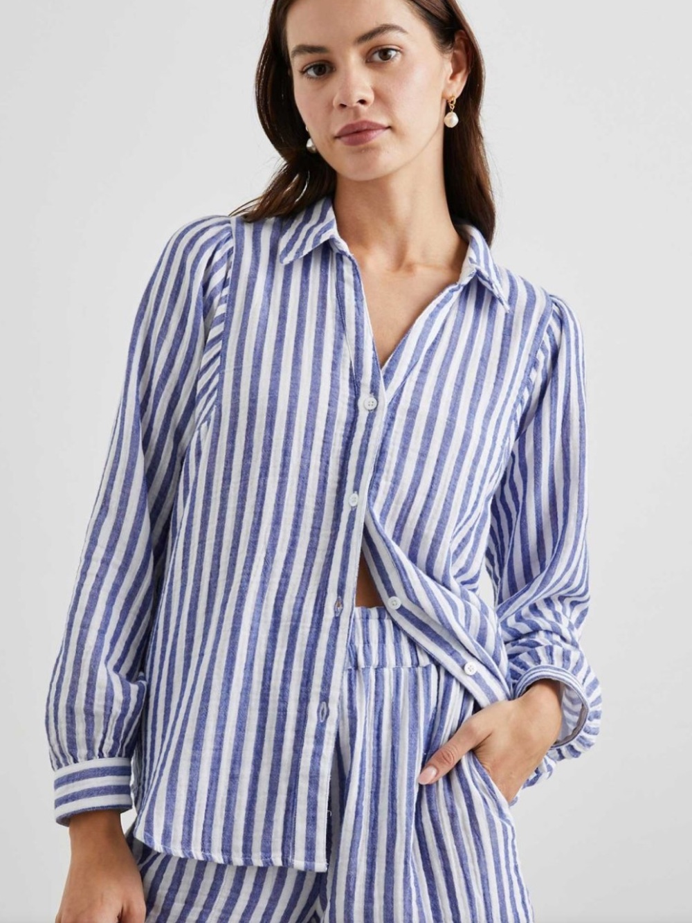 Rails Striped Lo Shirt Blue and White organic cotton gauze button up top large